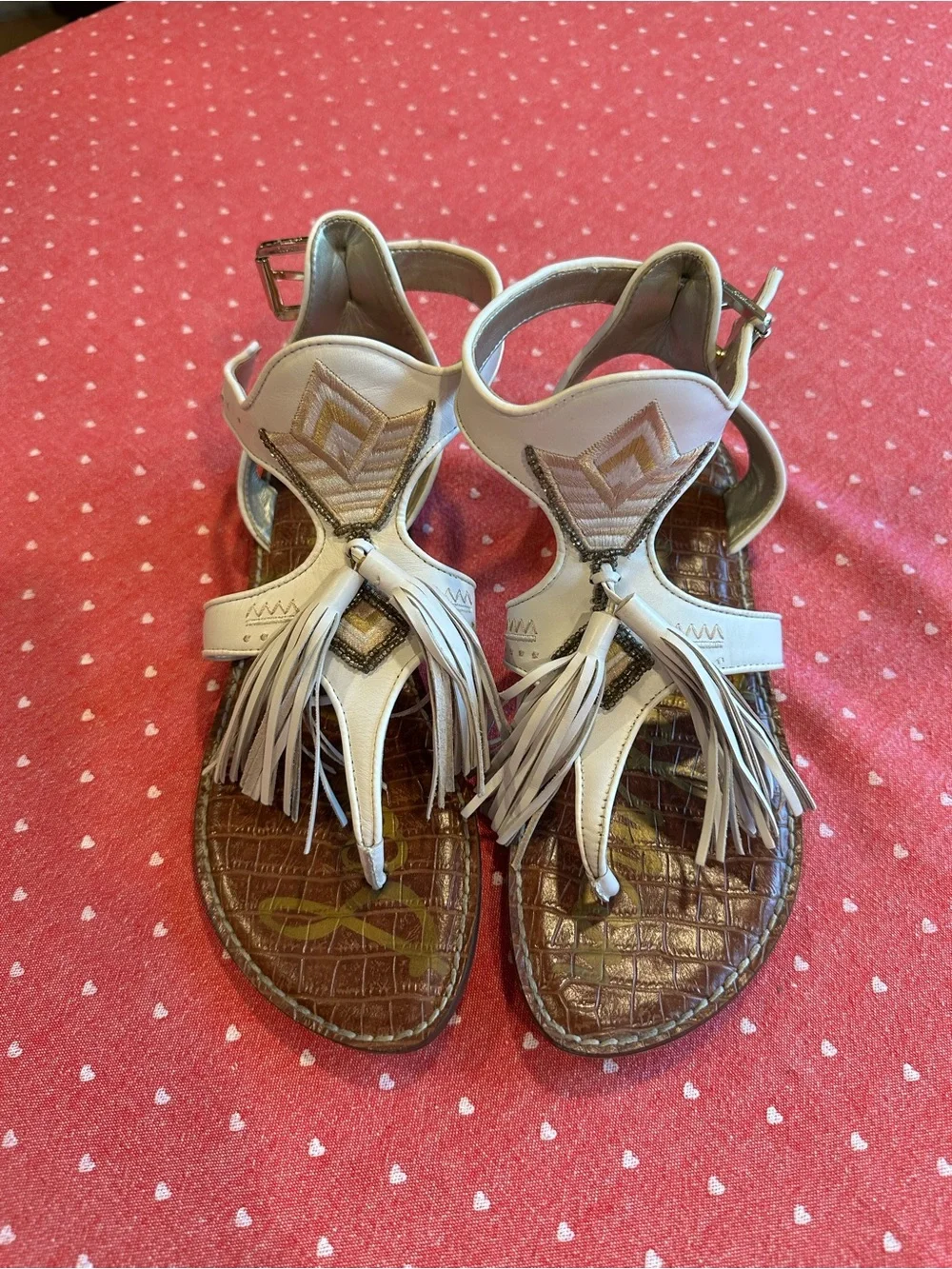 Sam Edelman White Tassel Thong Sandals with Embroidered Detail